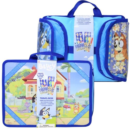 Disney Bluey Travel Desk Art Set with Crayons, Markers and Sticker Sheets, Kids Creative Activity Kit