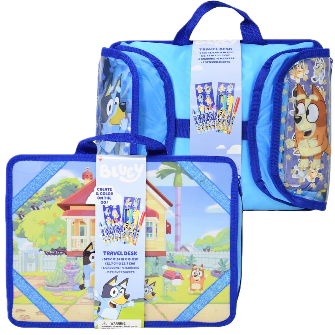 Disney Bluey Travel Desk Art Set with Crayons, Markers and Sticker Sheets, Kids Creative Activity Kit