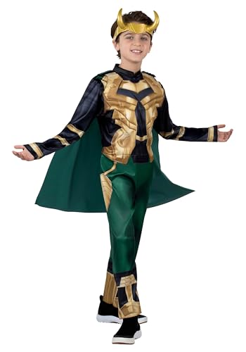 Marvel Loki Official Youth Halloween Costume - Padded Jumpsuit with Detachable Cape and Plastic Headpiece (M) Multi