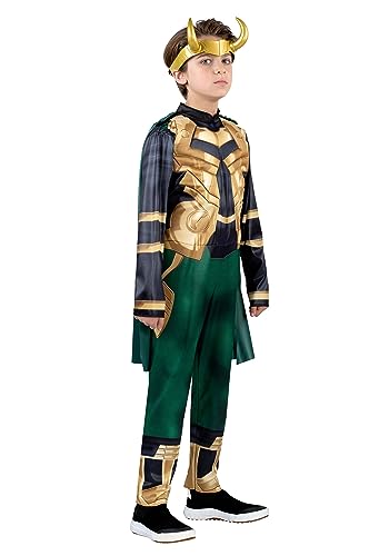 Marvel Loki Official Youth Halloween Costume - Padded Jumpsuit with Detachable Cape and Plastic Headpiece (M) Multi