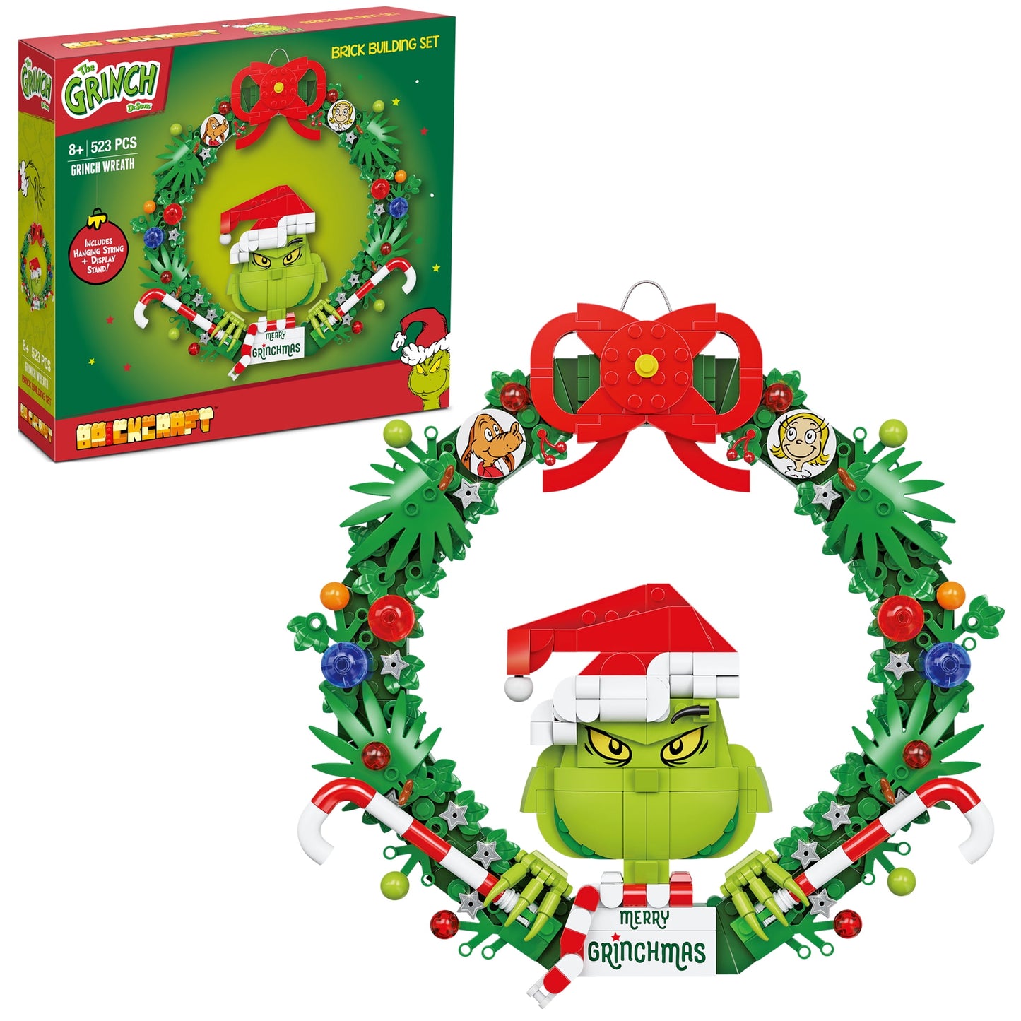 Brickcraft Grinch Wreath Brick Building Blocks Kit, 523 pieces Christmas Holiday Décor and Fun Hanging Display