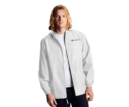 Champion, Stadium Full-Zip, Wind, Water Resistant Jacket for Men, White Small Script, Medium