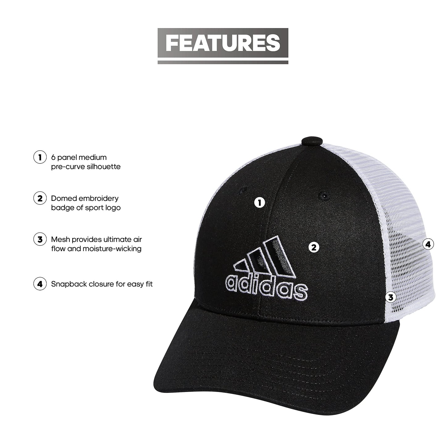 adidas Men's Mesh Back Structured Low Crown Snapback Adjustable Fit Cap, Black/White, One Size