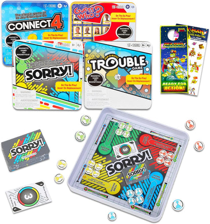 Hasbro Gaming Magnetic 4-Set Travel Tin Bundle Featuring Connect 4, Sorry, Trouble and Guess Who