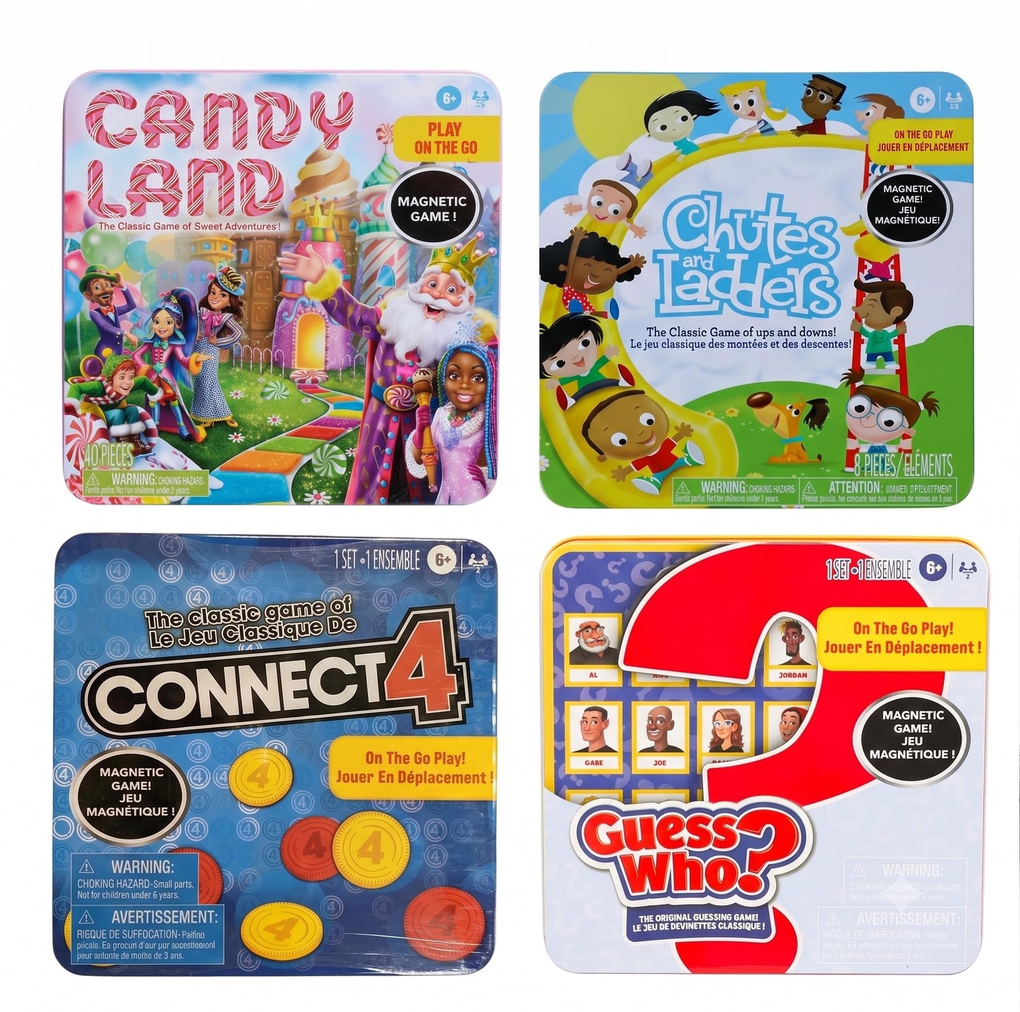 Just Play Travel Games Bundle Tin 4-Pack: Candy Land, Chutes and Ladders, Guess Who? and Connect 4