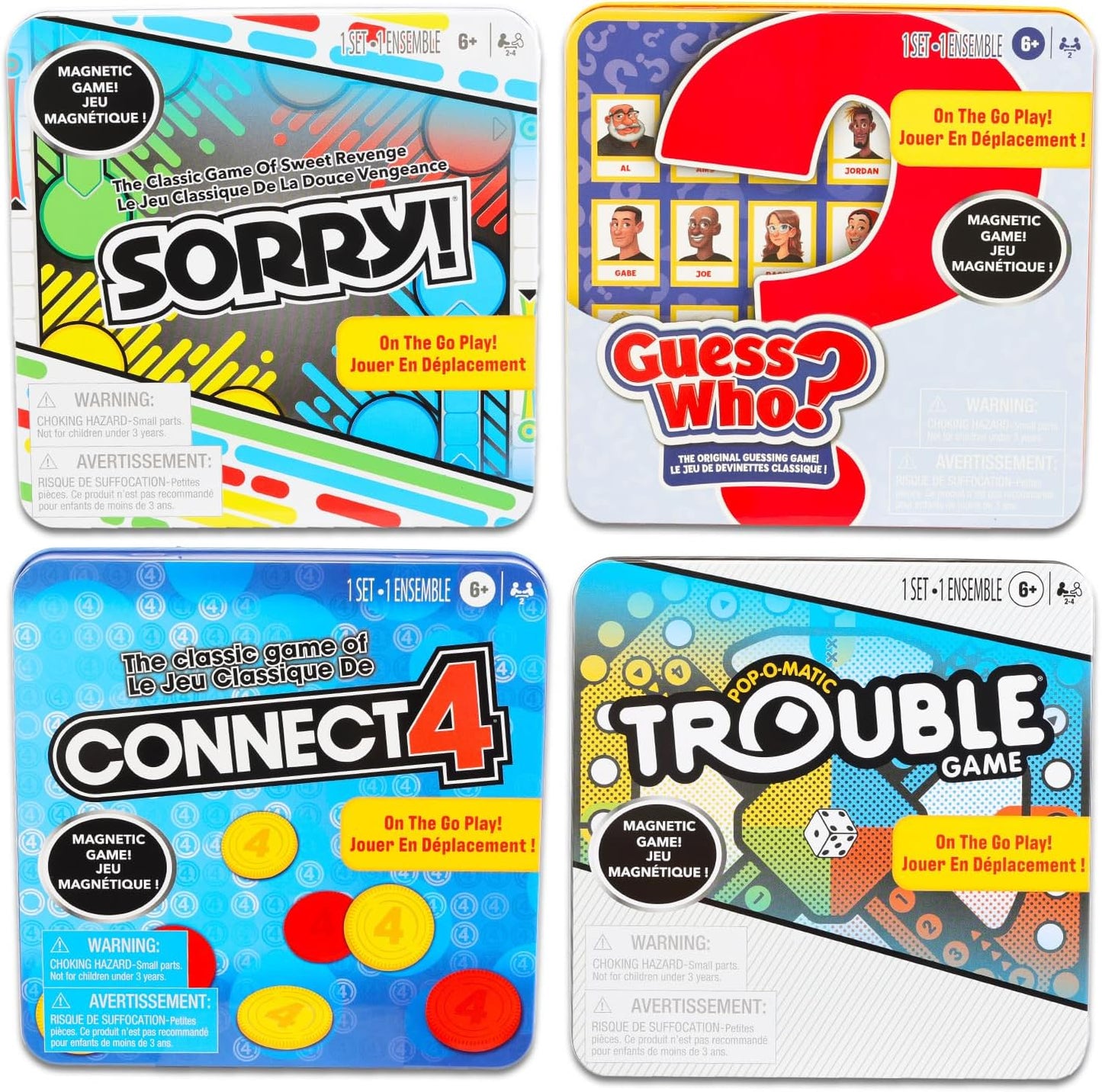Hasbro Gaming Magnetic 4-Set Travel Tin Bundle Featuring Connect 4, Sorry, Trouble and Guess Who