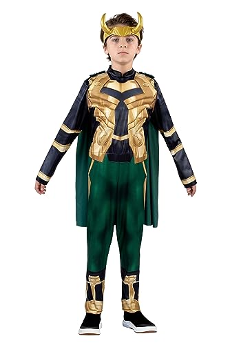 Marvel Loki Official Youth Halloween Costume - Padded Jumpsuit with Detachable Cape and Plastic Headpiece (M) Multi