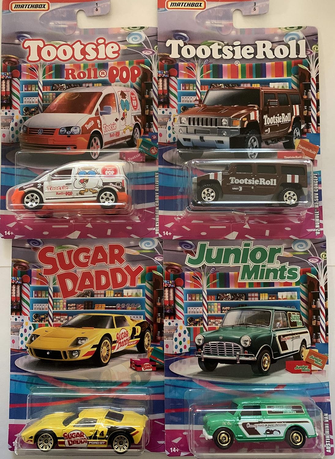 Matchbox 2020 Candy Theme Set of 4 Vehicles: Tootsie Roll, Tootsie Roll Pop, Sugar Daddy and Junior Mints