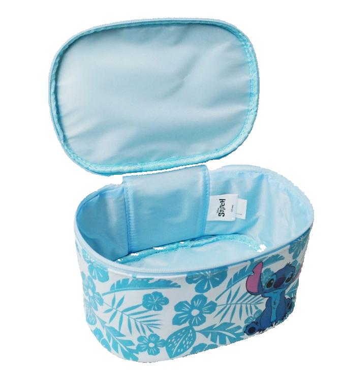 Blue floral-patterned makeup bag with open lid on a white background