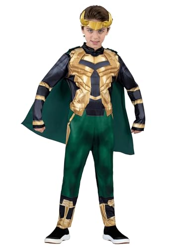 Marvel Loki Official Youth Halloween Costume - Padded Jumpsuit with Detachable Cape and Plastic Headpiece (M) Multi