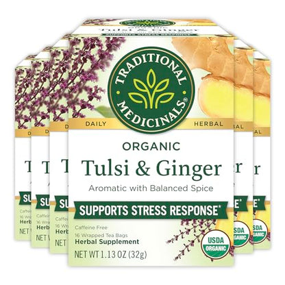 Traditional Medicinals 16 Count (Pack of 6) Organic Tulsi with Ginger Herbal Leaf Tea