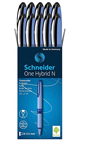 Schneider One Hybrid N Rollerball Box of 10 Pens, 0.3 mm Hybrid Needle Tip, Light Blue Barrel, Black Ink, (183401)